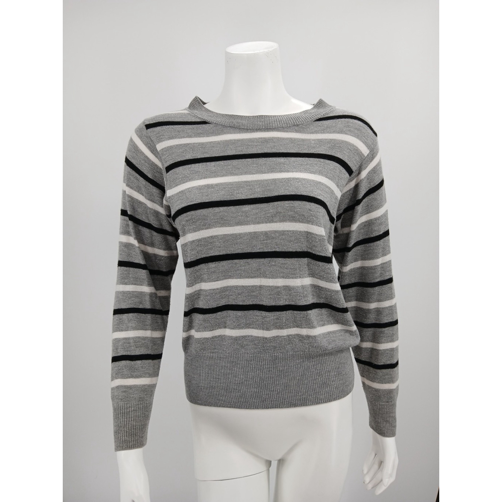 Magaschoni Womens Wool Blend LS Scoop Neck Gray Black White Striped Sweater M
